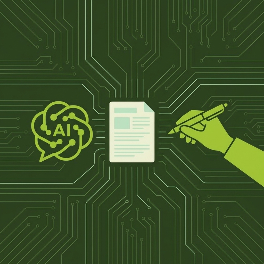 Illustration d'un workflow de rédaction combinant intelligence artificielle et expertise humaine